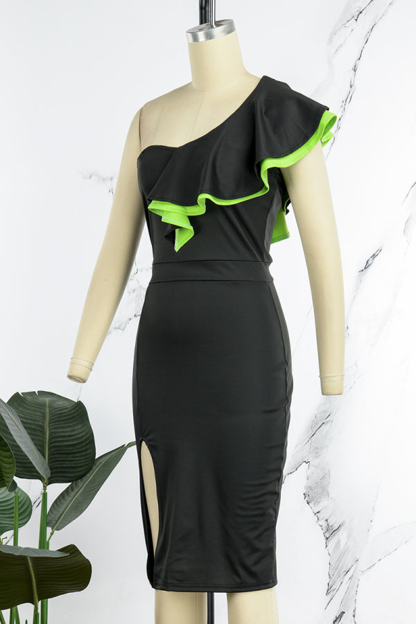 AovicaBlack Casual Print Patchwork Backless Slit Oblique Collar Pencil Skirt Dresses