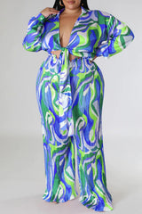 Blue Casual Print Frenulum Turndown Collar Plus Size Two Pieces