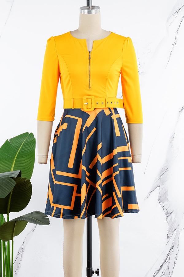 Aovica- Orange Elegant Plaid Geometric Striped Patchwork With Belt Printing Zipper O Neck A Line Dresses