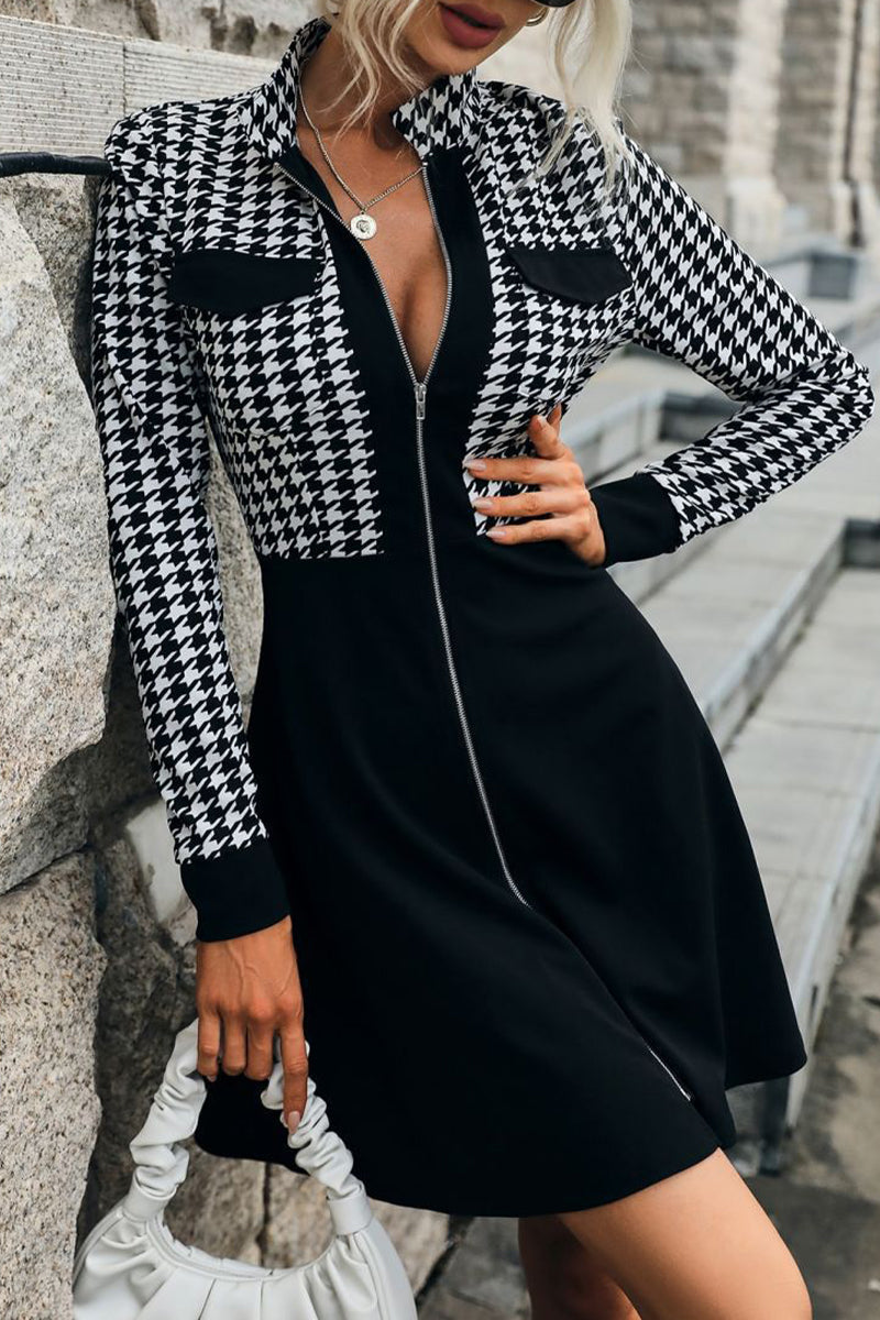 Aovica- Black Elegant Plaid Patchwork Mandarin Collar A Line Dresses