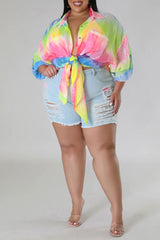 Pink Yellow Casual Plus Size Gradual Change Print Patchwork Turndown Collar Shirt Dress (Subject To The Actual Object )