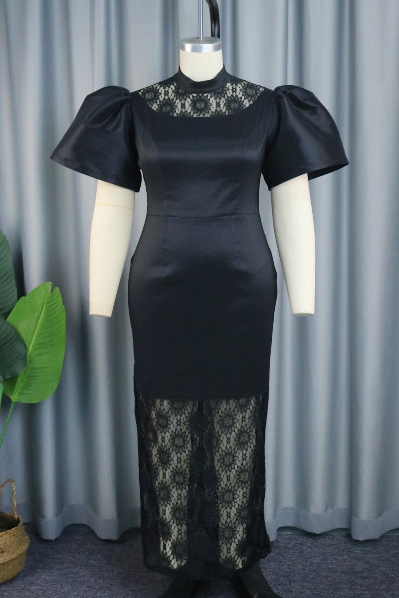 Black Casual Solid Patchwork Half A Turtleneck One Step Skirt Plus Size Dresses