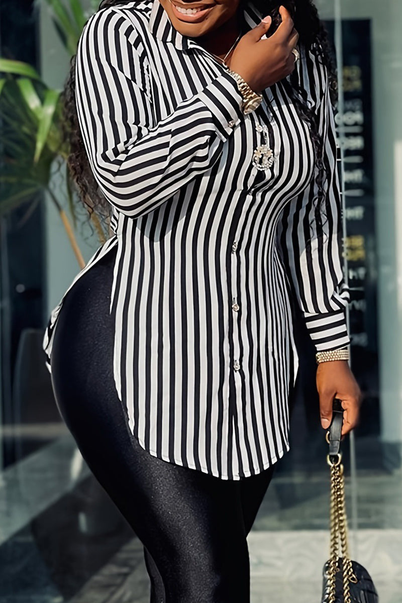 Aovica-Casual Plaid Striped Print Slit Shirt Collar Plus Size Tops