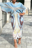 Aovica-Light Blue Casual Print Patchwork V Neck Pencil Skirt Plus Size Dresses