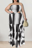 Aovica-Black Sexy Striped Print Hollowed Out Patchwork Strapless Cake Skirt Plus Size Dresses