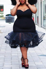 AOVICA-Plus Size Tulle Little Black Ruffle Sleeveless Off Shoulder Bodycon Midi Dress