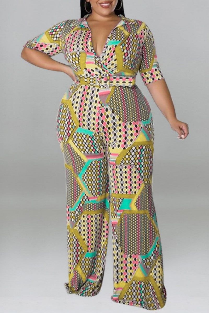 Yellow Casual Print Patchwork V Neck Plus Size Jumpsuits