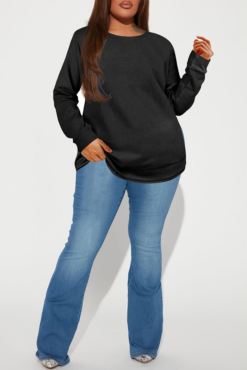 Black Casual Solid Basic O Neck Plus Size Tops