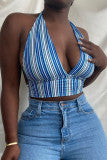 Aovica- Blue Fashion Sexy Striped Print Bandage Backless Halter Tops