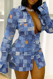Aovica- Blue Sexy Print Patchwork Buckle Turndown Collar Shirt Dress Dresses