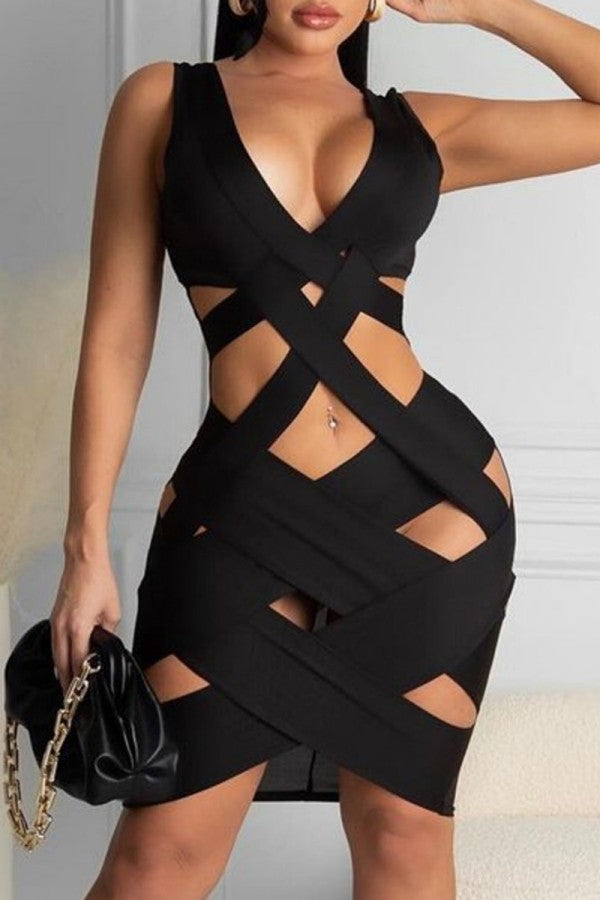 AovicaBlack Sexy Solid Hollowed Out V Neck Sleeveless Dress Dresses
