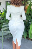 Aovica- Cream White Daily Elegant College Patchwork Fold Solid Color Square Collar Long Sleeve Dresses