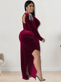 Aovica-Plus Size Long Sleeve Side Split Maxi Dresses