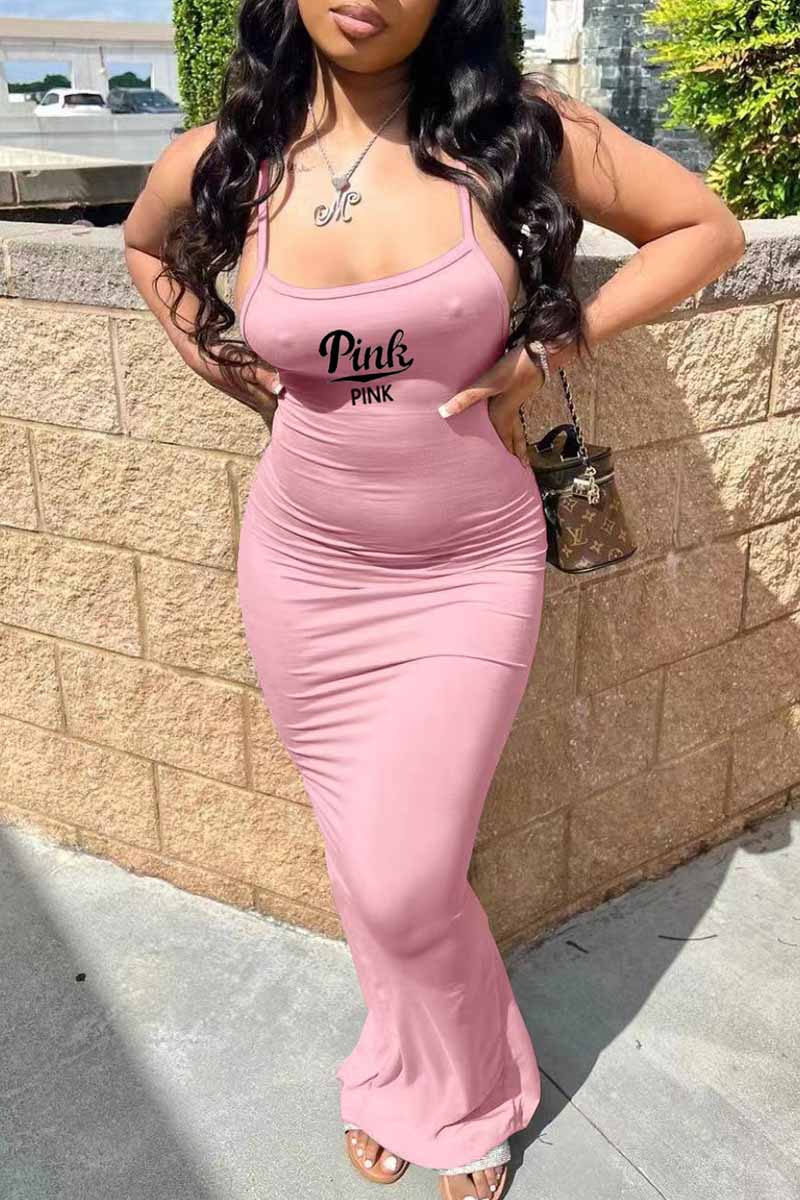 AOVICA-PLUS SIZE SPRING SUMMER OUTFITS Pink Sexy Print Backless Slit Spaghetti Strap One Step Skirt Dresses