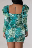 Aovica- Green Casual Print Patchwork Square Collar Long Sleeve Dresses