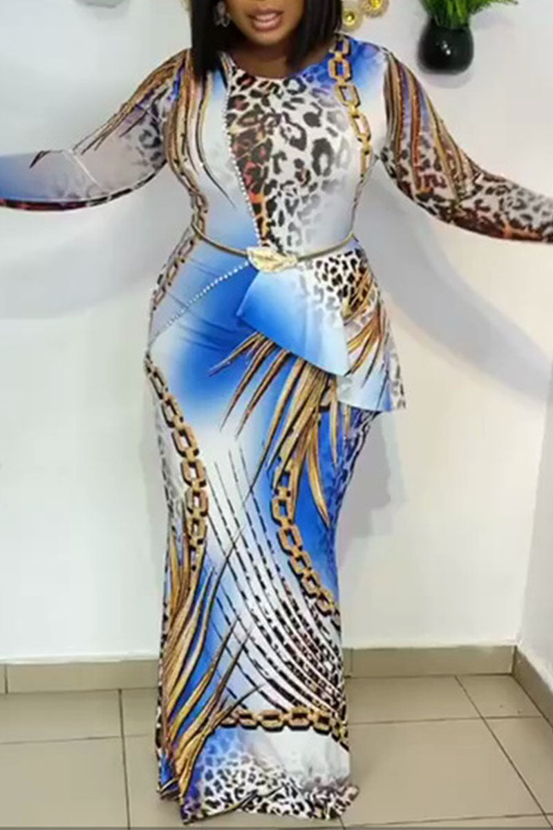 Aovica-Blue Casual Print Patchwork Flounce O Neck Long Sleeve Plus Size Dresses