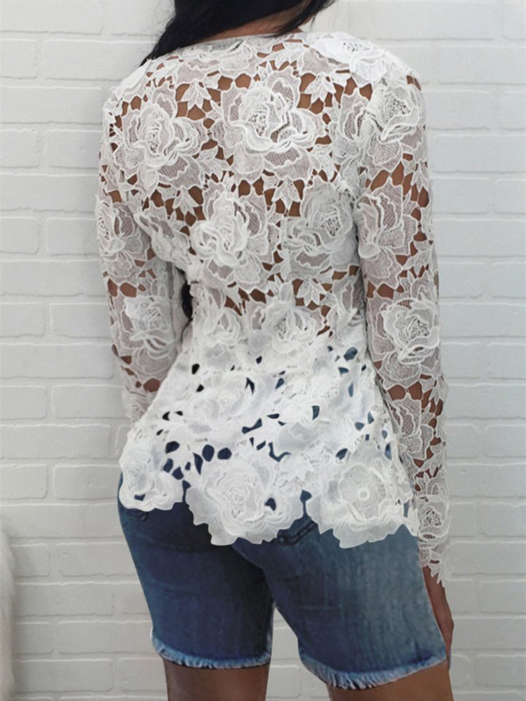 AOVICA-Casual Long Sleeves Plunging Plain Hollow Lacy Blouses&Shirts Tops