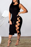 AovicaRed Sexy Solid Hollowed Out Strap Design O Neck One Step Skirt Dresses