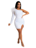 AOVICA-One Shoulder Long Sleeve Glitter Bodycon Mini Dresses