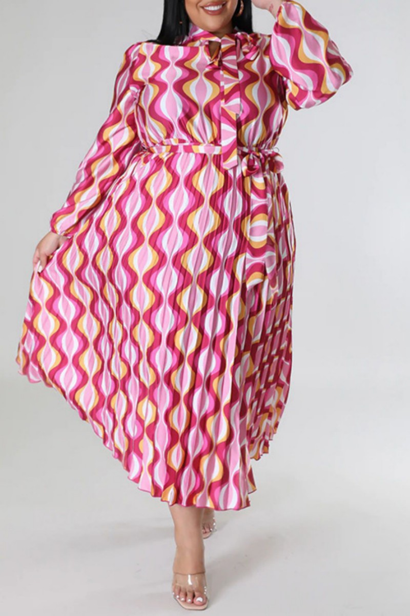 Pink Casual Print Frenulum Pleated O Neck Long Sleeve Plus Size Dresses