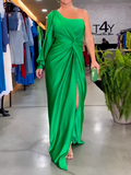 Aovica-Long Sleeves Asymmetric Satin One-Shoulder Maxi Dresses