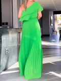 Aovica-Loose Asymmetric Plain Pleated One-Shoulder Maxi Dresses