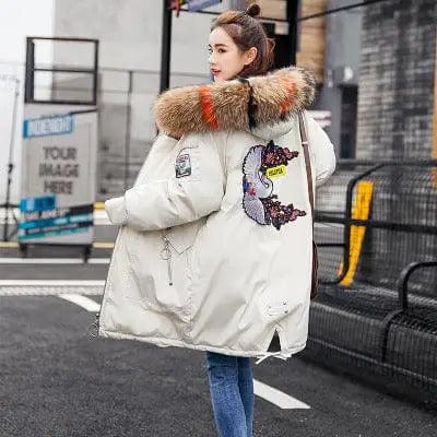 Aovica-Mid-length Large Fur Collar Down Coat Plus Size Korean