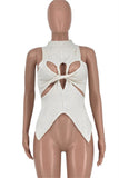 Aovica- White Fashion Sexy Solid Hollowed Out Patchwork Asymmetrical Turtleneck Tops