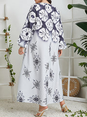 Aovica-Long Sleeves Loose Contrast Color Flower Print Muslim Round-Neck Midi Dresses