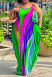 Fluorescent Green Casual Street Color Block Patchwork Pocket Printing Spaghetti Strap Long Dress Plus Size Dresses