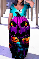 Halloween Costume White Purple Casual Print Patchwork V Neck Short Sleeve Dress Dresses