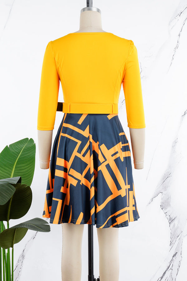 Aovica- Orange Elegant Plaid Geometric Striped Patchwork With Belt Printing Zipper O Neck A Line Dresses
