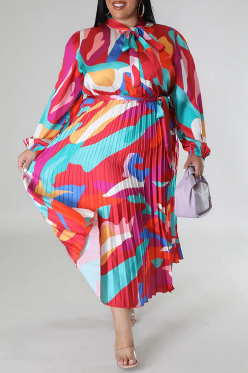 Red Casual Print Frenulum Pleated O Neck Long Sleeve Plus Size Dresses