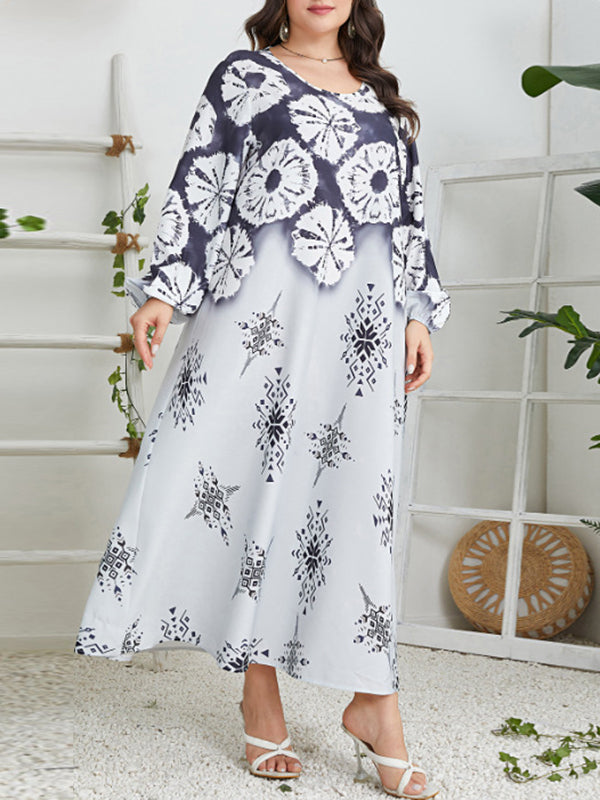 Aovica-Long Sleeves Loose Contrast Color Flower Print Muslim Round-Neck Midi Dresses