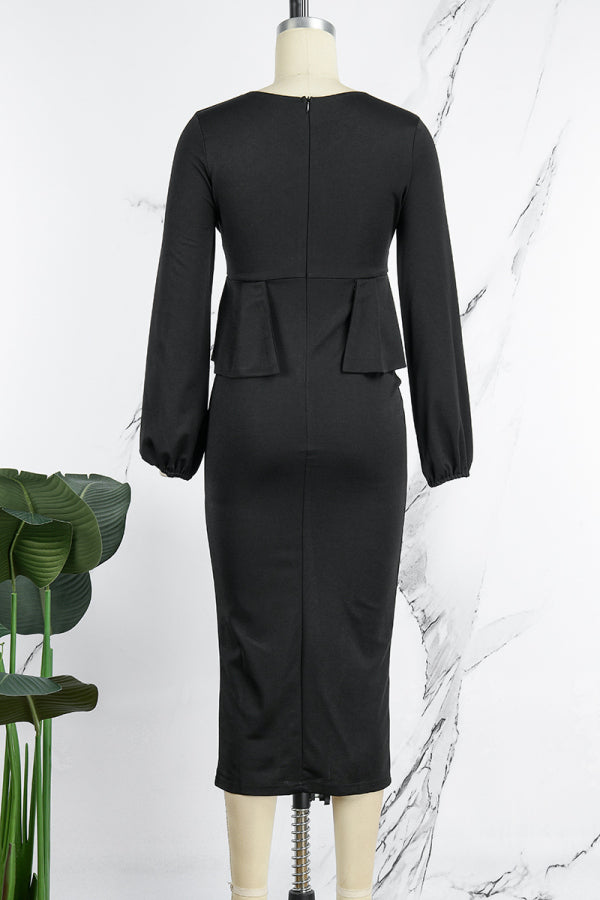 Aovica- Black Casual Solid Patchwork Slit V Neck Long Sleeve Dresses