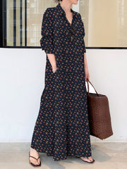 Aovica-Vintage Printed Lapel Long Sleeve Shirt Maxi Dress