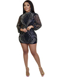 AOVICA-Long Sleeve Backless Mesh Sequin Bodycon Mini Dresses