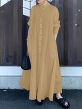 Aovica-Long Sleeves Loose Solid Color Lapel Maxi Dresses Shirt Dress