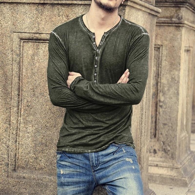 Aovica-Men Shirt V-Neck Long Sleeve Tee Tops Stylish Slim T-Shirt Button Casual Male Clothing Plus Size