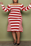 Aovica-Red Casual Elegant Striped Print Patchwork Off the Shoulder A Line Plus Size Dresses