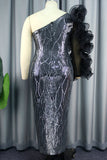 Black Sexy Formal Patchwork Sequins Backless Oblique Collar Evening Dress Dresses