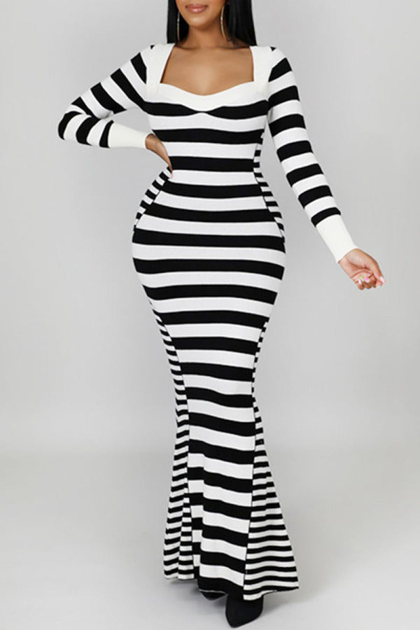Aovica- Black And White Casual Striped Print Patchwork Square Collar Long Sleeve Dresses