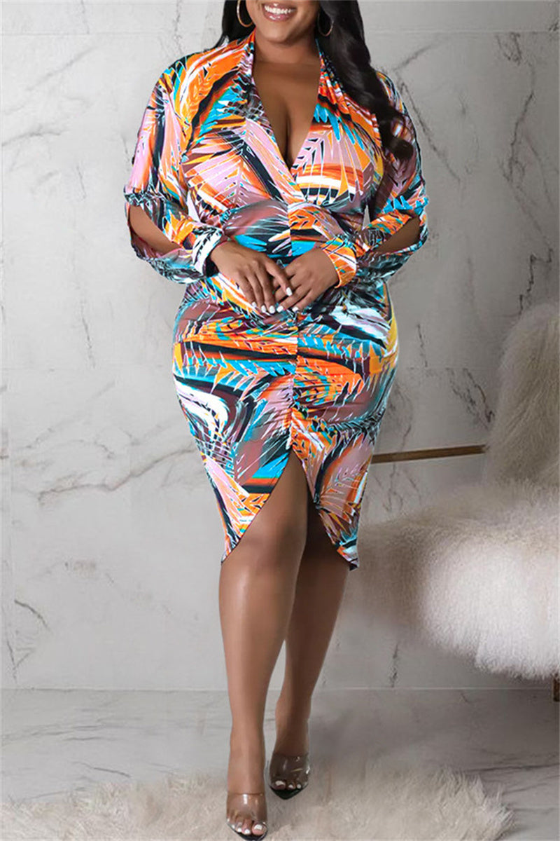 Aovica-Multicolor Fashion Casual Print Patchwork V Neck Long Sleeve Plus Size Dresses