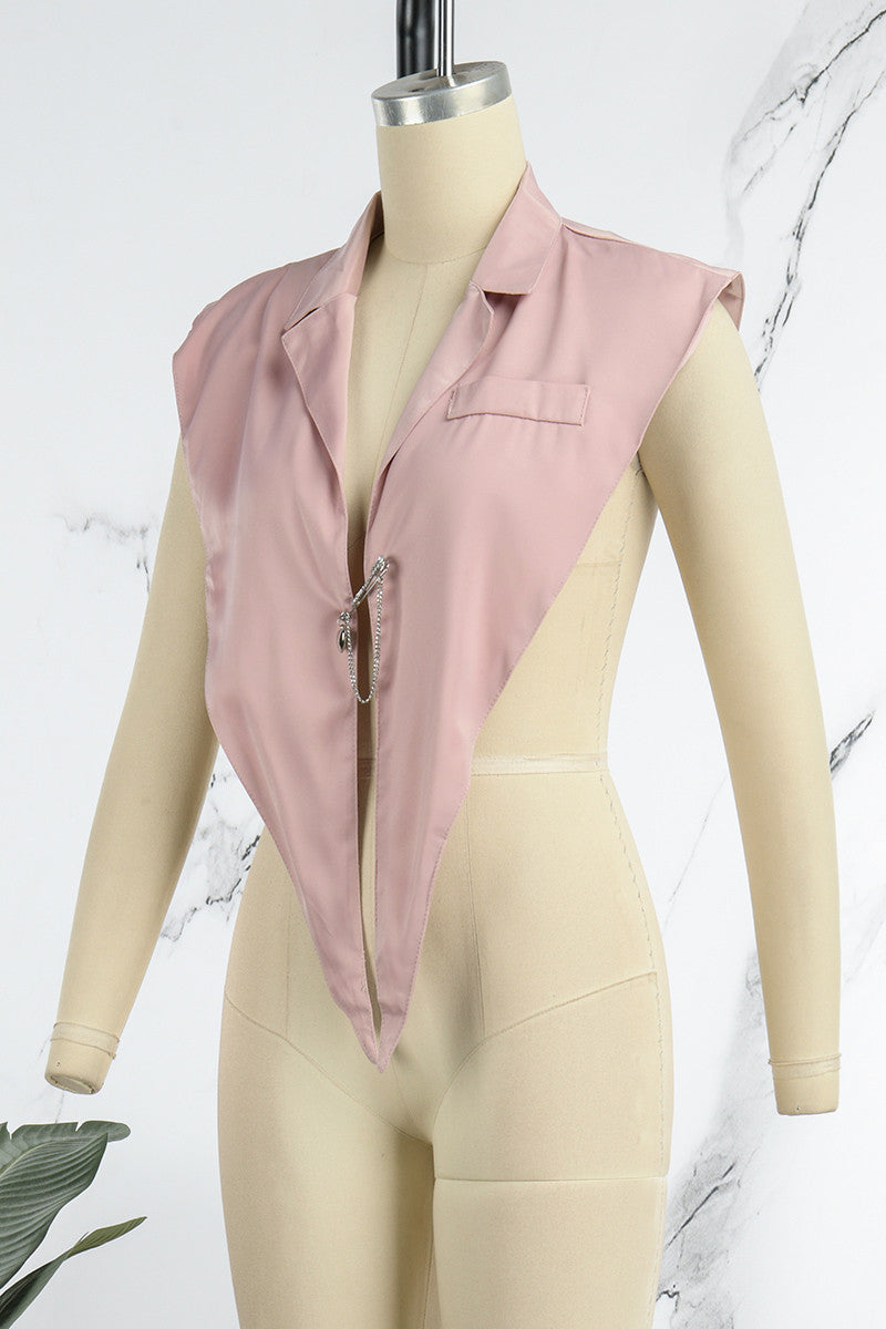 Aovica- Pink Sexy Casual Work Solid Patchwork Backless Asymmetrical Turn-back Collar High Waist Tops(With Brooch)