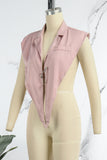 Aovica- Pink Sexy Casual Work Solid Patchwork Backless Asymmetrical Turn-back Collar High Waist Tops(With Brooch)