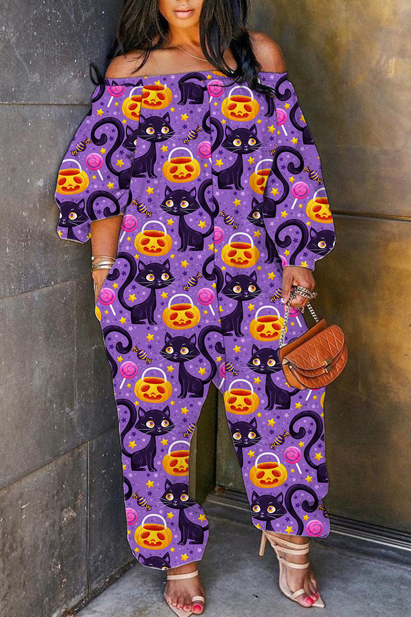 Halloween Costume Light Purple Casual Print Patchwork Off the Shoulder Regular Jumpsuits