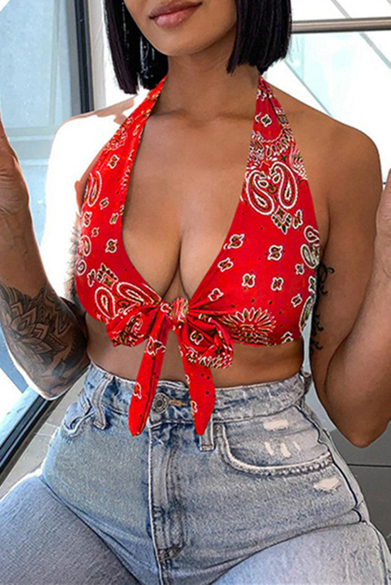 Aovica- Red Fashion Sexy Print Bandage Backless Halter Tops