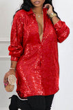 Aovica- Red Casual Patchwork Sequins Shirt Collar Shirt Dress Dresses