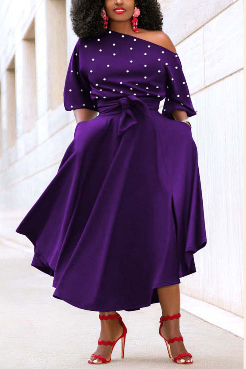 AOVICA-Plus Size Purple Elegant Solid Pearl Decor Lace Up Flared With Pockets Midi Dress