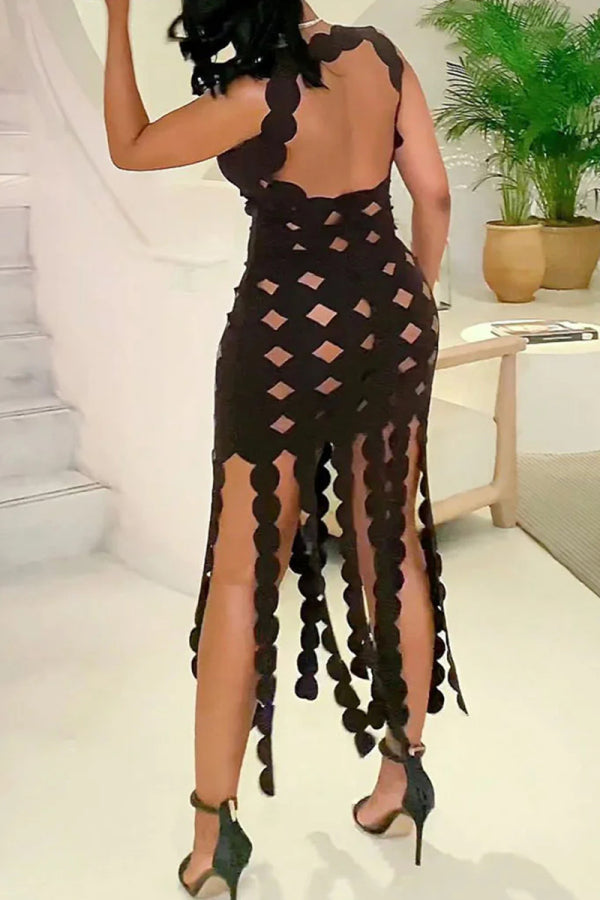 AovicaOrange Sexy Solid Hollowed Out See-through Backless U Neck Sleeveless Dress